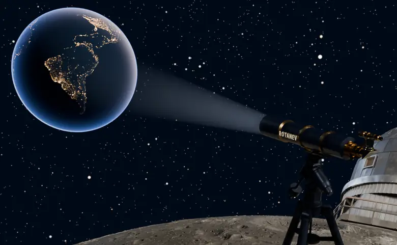 El telescopio de Rotanev, sobre la Luna, apunta a la Tierra de noche.